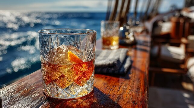 A classic Hanky Panky cocktail served without garnish in a glass on a boat with the vast ocean in the background, capturing a relaxed nautical atmosphere with clear skies and gentle waves.