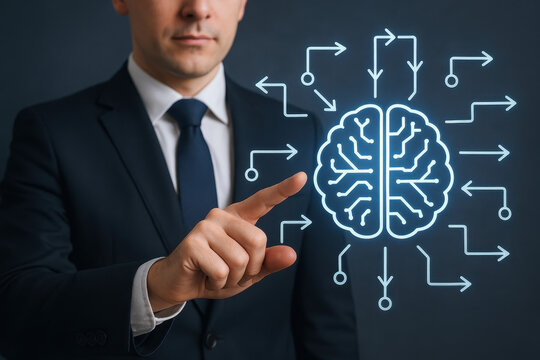 Artificial intelligence virtual assistant smart digital technology futuristic interface dashboard control command agent analysis datum business assistant concept with businessman pointing brain - Powered by Adobe