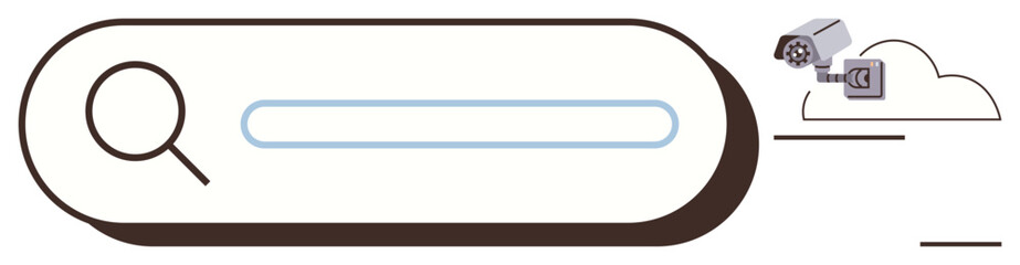 Magnifying glass over search bar with surveillance camera and cloud icon. Ideal for security, technology, internet, privacy, cloud storage, online safety, and modern communication. Simple flat