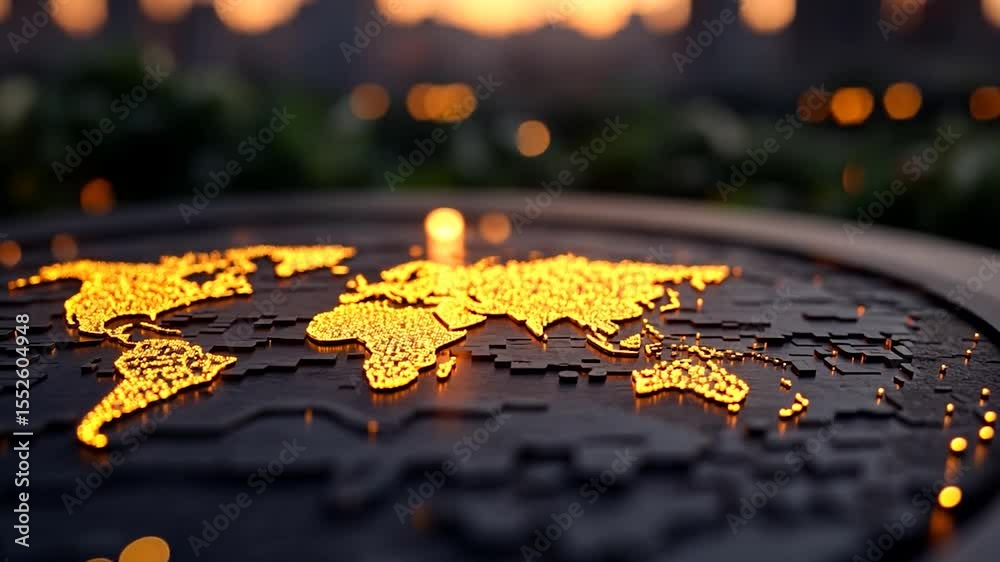Poster Golden World Map Illuminated On Dark Surface with Sunset Bokeh Background