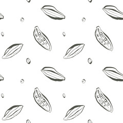 Botanical seamless pattern with hand drawn green pods seeds and leaves on white background for eco packaging and kitchen design