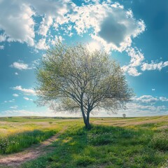 Obraz premium Single Tree in a Sunny Field Under a Blue Sky