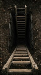 Obraz premium minimalist and emotional trench ladder from top view, styled with clean and modern visuals, no text, soft lighting, unusual camera angles, for historical content or wartime advertising