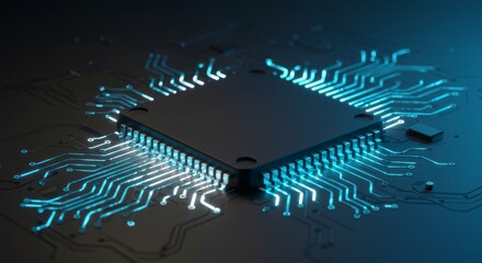 Macro view of IoT microchip glowing on circuit board with light trails, background gradient dark grey to neon blue