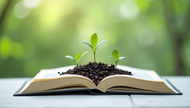 A small plant growing out of an open book on a table with a blurred green background
