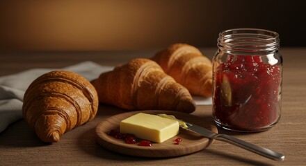 Golden Croissants, Butter, and Jam: A Rustic Breakfast Delight