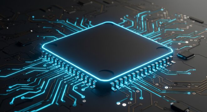 Macro view of IoT microchip glowing on circuit board with light trails, background gradient dark grey to neon blue