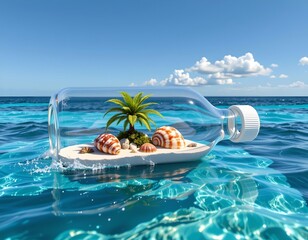 Obraz premium this is a digitally created image featuring a clear bottle with a white cap containing a tropical scene, inside the bottle, theres a small palm tree with leaves and a brown trunk