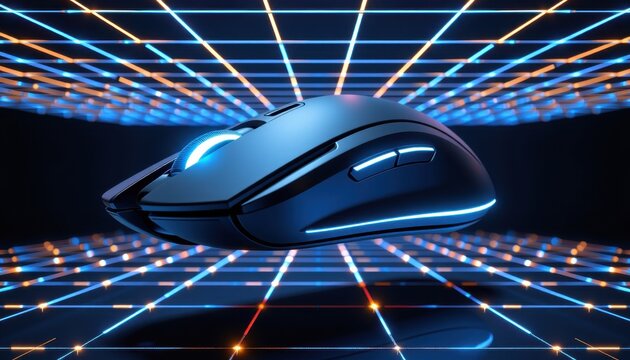 Futuristic wireless gaming mouse with sleek design illuminated by vibrant neon lights on a grid background for high-tech gaming or computer accessories