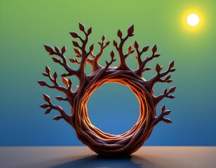 the image showcases a wooden sculpture shaped like an intricate network of branches and leaves