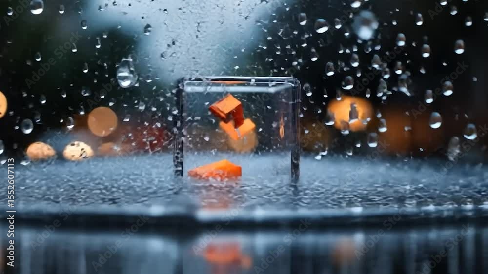 Poster Transparent Cube with Orange Object and Splashing Water Droplets Against Bokeh Blur Background