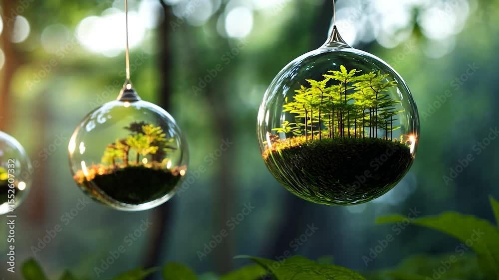 Poster Transparent Spheres with Miniature Trees Reflecting Sunlight in a Forest Setting