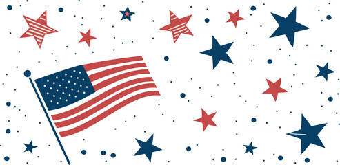 Red, White, and Blue Star Pattern on a White Background,decorative border design,Star pattern in American flag colors,festive pattern with flying, United States' flag,seamless pattern of red, blue,Ai