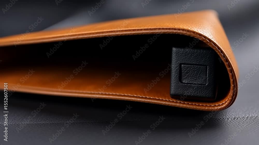 Poster close up of brown leather case and black object on gray background