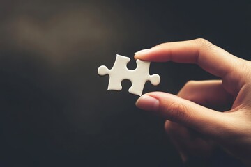 Professional hand holding solution puzzle piece, floating in negative space