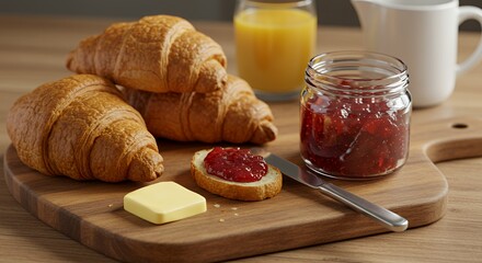 Golden croissants, strawberry jam, and orange juice create a delightful breakfast scene.