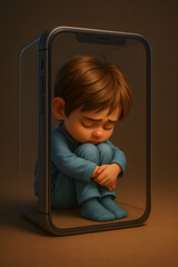 Menino triste no celular