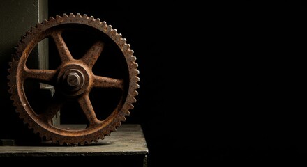 Obraz premium Minimalist and emotional photo of rusted gears on a metal plate, styled with clean and modern visuals, no text, soft lighting, unusual camera angles, for historical content or wartime advertising