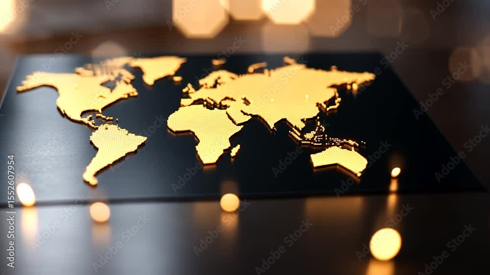 Poster Golden World Map on Black Surface with Bokeh Lights in Close Up View