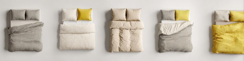 Five beds, overhead view, showcasing various bedding arrangements in neutral and mustard yellow tones