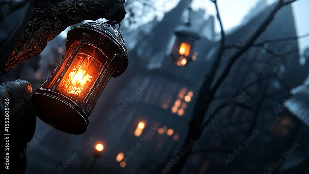 Aufkleber glowing lantern in dark night near gothic mansion with atmospheric fog and bare branches