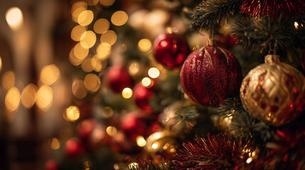 A beautifully decorated Christmas tree with ornaments, lights, and festive elements, creating a warm and joyful holiday atmosphere.