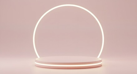 Pink podium with neon circle backdrop for product display or presentation.