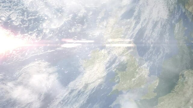 Earth zoom in from space and focus on Strabane, Northern Ireland, Tyrone, Great Britain. Background for travel intro or blog. Satellite view. 3D style Animation. Images from NASA.
