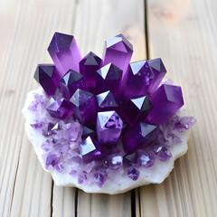 Vibrant Amethyst Cluster on Rustic Wood: Healing & Spiritual Decor