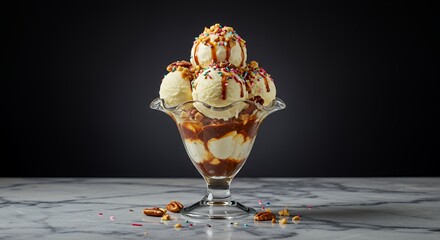 Decadent Vanilla Ice Cream Sundae Drizzled with Caramel and Topped with Pecans and Sprinkles