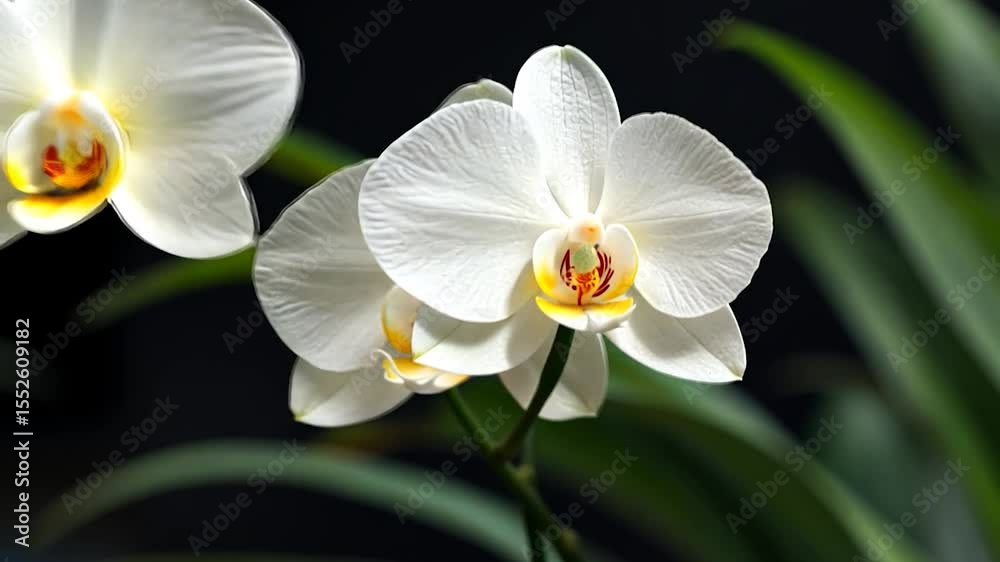 Poster elegant white orchids displaying yellow and red centers and green leaves in dark background