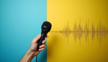 A hand holding a microphone against a yellow and blue background with a sound wave pattern