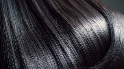 Naklejka premium Close-up of shiny black hair with soft, smooth texture, representing beauty, care, and healthy hair in high detail.
