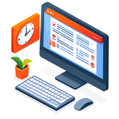Transparent background Sleek Workspace with Computer,  Keyboard,  Clock,  and Plant for Productivity