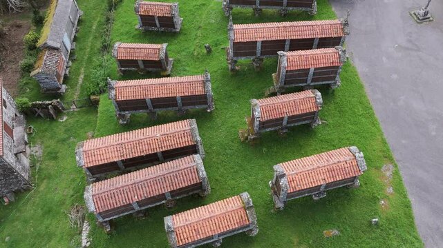 Traditional Horreo Stone Granary Of Filgueira Cerdedo-Cotobade, Pontevedra, Spain. Aerial Topdown Shot