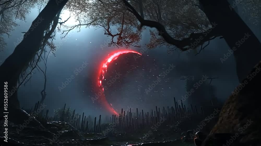 Poster enigmatic forest scene featuring glowing red ring surrounded by atmospheric fog and dark trees