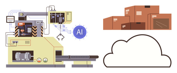 Industrial machine leveraging AI for automation, cloud integration, and streamlined production with boxed products. Ideal for technology, logistics, innovation, business, automation, manufacturing