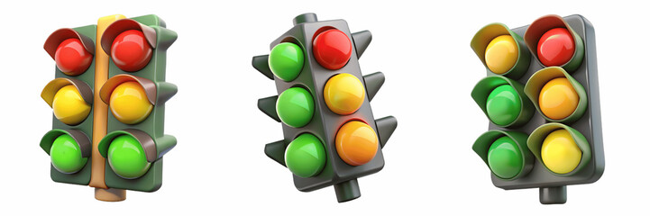 Set For Three traffic lights showing different signals isolated on transparent background