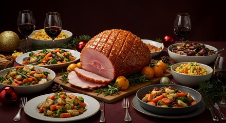 Festive Christmas Ham Dinner with Roasted Vegetables and Wine