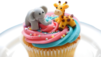 Cute fondant elephant and giraffe on swirled pink and blue frosting cupcake isolated on a transparent background