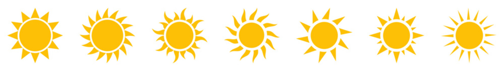 Collection of sun icons with various styles and ray patterns. Perfect for weather apps, summer themes, travel graphics, UI elements, and climate or sunlight vector icons.