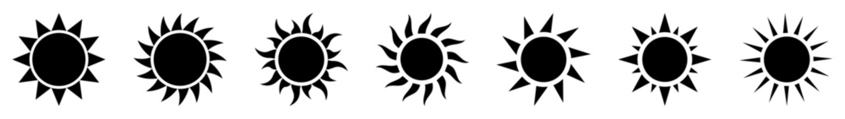 Collection of sun icons with various styles and ray patterns. Perfect for weather apps, summer themes, travel graphics, UI elements, and climate or sunlight vector icons. Icons, vector.