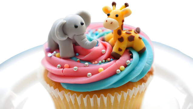 Cute fondant elephant and giraffe on swirled pink and blue frosting cupcake isolated on a transparent background