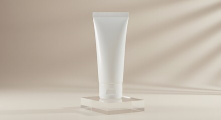White tube on a transparent stand against a beige background with shadow patterns.