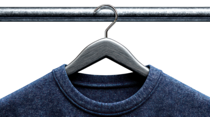 Hanger holds blue shirt. Chrome rack, dark background