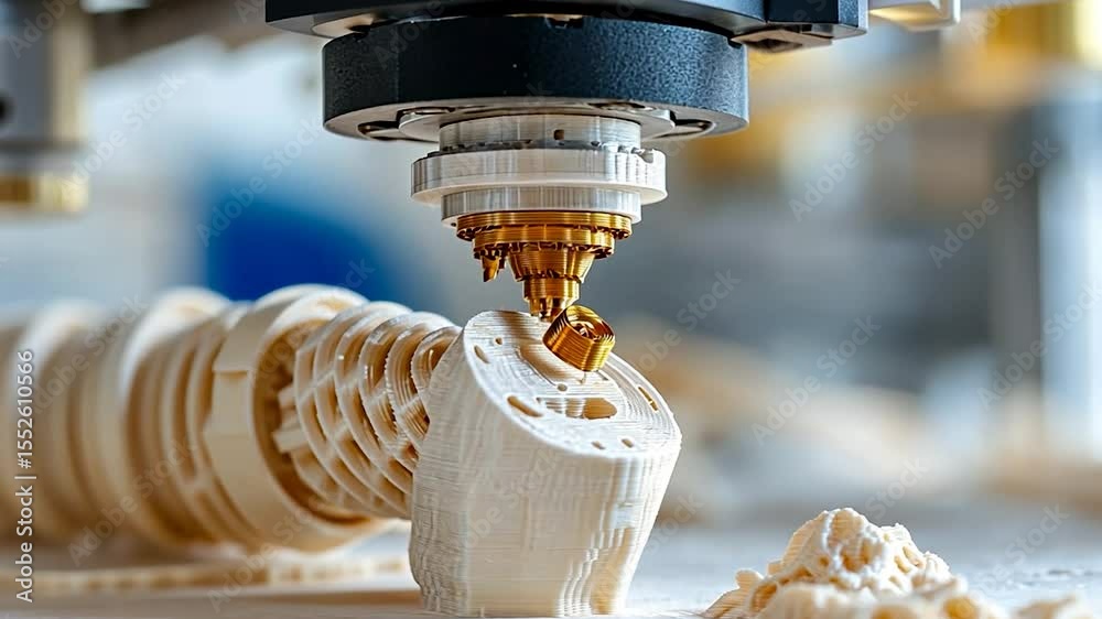 Poster intricate wood carving process by cnc machine in a manufacturing environment