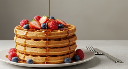 Delicious Stack of Waffles with Berries and Syrup