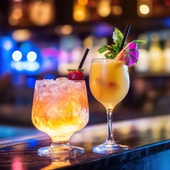 Two Colorful Cocktails on a Bar Counter at Night