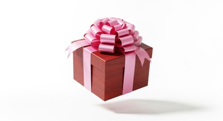 Obraz premium A Festive Red Gift Box Adorned with a Pink Ribbon and Bow Floating Against a Clean White Background