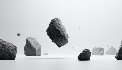 Dark and light grey rocks of varying sizes levitate against a stark white background, creating a minimalist, almost surreal scene